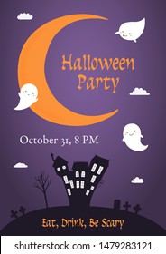 Banner, invitation, background design with night sky, crescent moon, haunted house, clouds, flying ghosts, text Halloween Party. Hand drawn vector illustration. Holiday decor concept. Flat style
