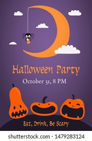 Banner, invitation, background design with night sky, crescent moon, funny pumpkins, clouds, spider with candy, text Halloween Party. Hand drawn vector illustration. Holiday decor concept. Flat style.