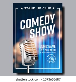 Banner Invitation To Comedy Show In Club Vector. Old Radio Microphone, Blue Curtain On Background Poster With Date, Ticket Price And Place Of Humor Show. Comical Concert Realistic 3d Illustration