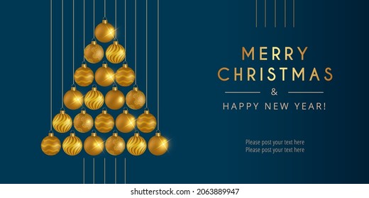 Banner, invitation or flyer Christmas, New Year 2023, blue background, Christmas tree, decorations made of Christmas balls. Vector illustration. You can enter the text