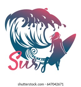 Banner invitation summer vacation.Big wave, a girl with a surfboard and hand lettering Surf.T-shirt design.