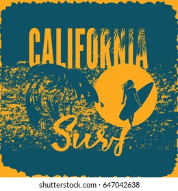 Banner invitation summer vacation.Big wave,sunrise, girl with surfboard and hand lettering Surf.T-shirt design.