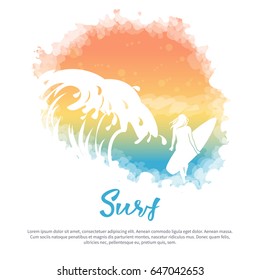 Banner invitation summer vacation.Big wave,sunrise, girl with surfboard and hand lettering Surf.T-shirt design.
