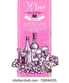 Banner Invitation For Tasting Or Purchase Wine. Pink Poster With Sample Text And Hand Drawn Set - Bottles, Mulled Wine, Wineglasses, Grapes And Cheese. Vertical Card For Presentation Beverage