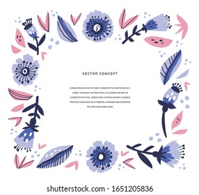 Banner, invite with floral frame vector template. Wedding Invitation botanical design. Decorative border with beautiful flowers. Natural blossom hand drawn illustration with text space