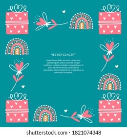 Banner, invite with gift box frame vector template. Romantic design for covers and cards. Vector illustration.