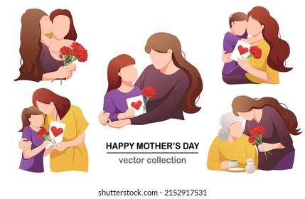 Banner with isolated vector illustrations of moms and children of different ages. Family concept for mother, childhood, gift giving, card, carnation, happy mother's day.