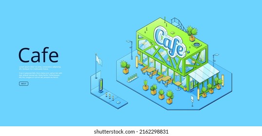 Banner with isometric cafe building, modern architecture isolated on blue background. Vector horizontal poster with axonometric illustration of cafeteria facade with tables and benches outside