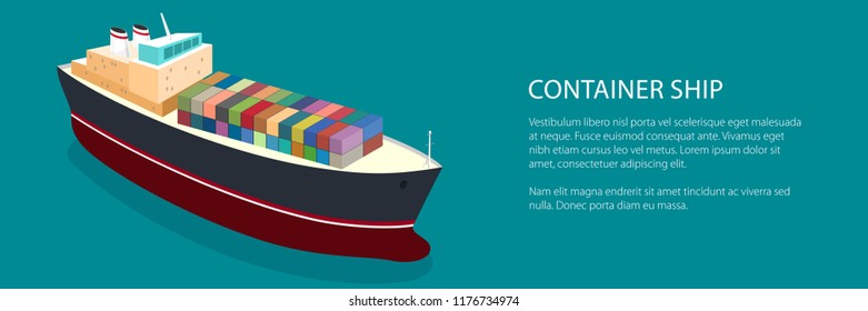 Banner Isometric Container Ship on the Water and Text, Top View of a Cargo Ship with Containers on Board in the Green Ocean, Vector Illustration