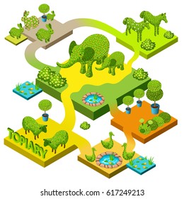 Banner isometric topiary with forms of animals. Icons of many stories with garden elements.