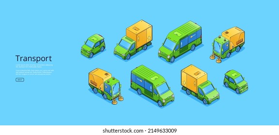 Cartel con transporte isométrico, bus, minivan y auto. Ilustración vectorial plana de vehículos públicos de pasajeros y automóviles. Concepto de transporte, tráfico urbano, taxi y viaje