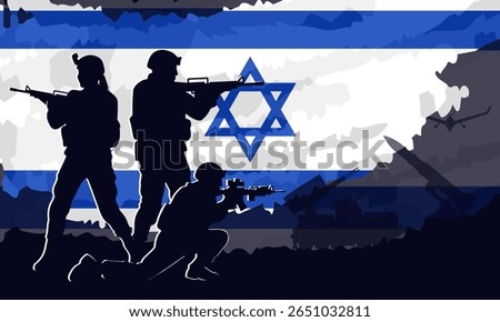 Banner with Israeli defense forces (IDF) soldiers silhouettes against the flag of Israel. Military background with tanks, missile launcher, jets. Army, war, conflict concept. Vector layered wallpaper