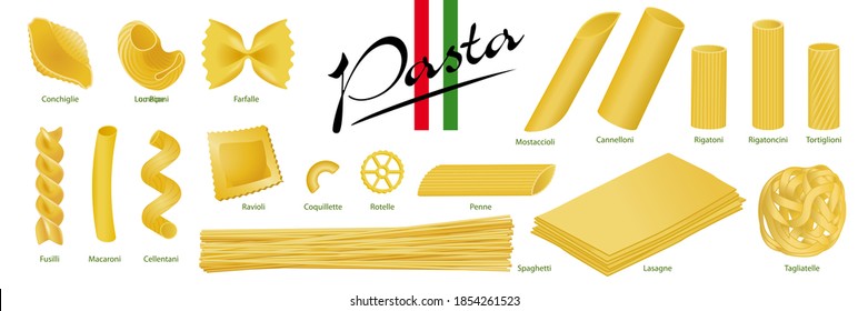 Banner of an Italian pasta collection on a white background with the name of each shape in caption.