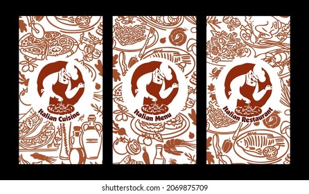 Banner for an Italian restaurant, menu.  Chef logo. Traditional Italian Dishes. A set of icons of the Italian cuisine
