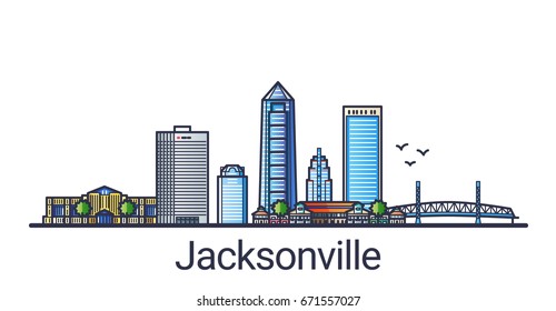 Banner of Jacksonville city in flat line trendy style. Jacksonville city line art. All buildings separated and customizable.