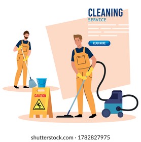 banner, janitors team cleaning service, men cleaners in uniform working with professional equipment of cleaner vector illustration design
