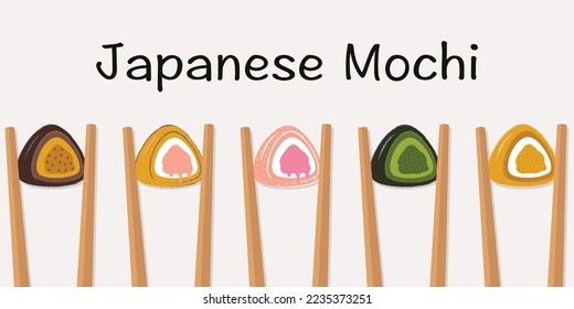 Banner with japanece mochi on sticks. Flat vector. Asian food.