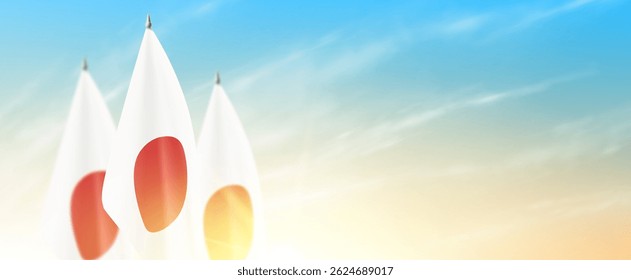 Banner with Japanese flag. Japanese flags isolated on cloudy sky at sunrise. Realistic flags for decoration Japanese events. Symbol of Japan. Vector illustration.