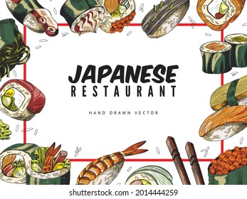 Banner for Japanese restaurant with hand drawn sushi pieces, sketch vector illustration. Japanese cuisine advertising banner or poster in vintage style.