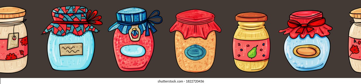 Banner with Jars for jam or honey for Breakfast, Sweets Dessert, Vector clip art illustration.