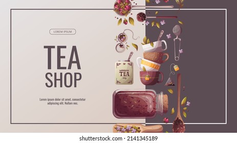 Banner with Jars, spoons and scoop of loose tea,  strainer, teacups. Tea shop, cafe-bar, tea lover, tea party, kitchen concept. Vector illustration for poster, banner, website, menu, advertising. 