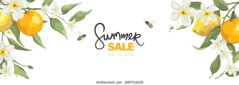 Banner with jasmine flowers, citrus branch and bees. Background, vector illustration for summer sale.	
