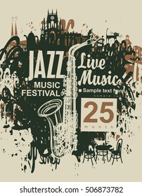 banner with jazz festival an saxophone on grungy background