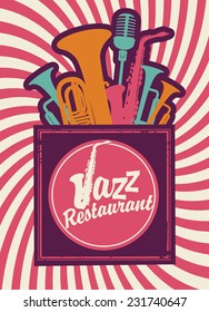 banner for jazz restaurant with wind instruments