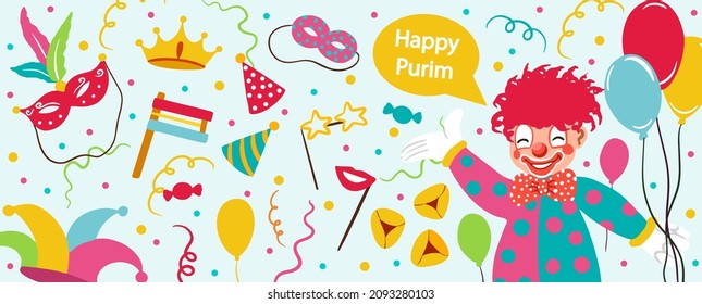 Banner for Jewish holiday Purim with masks and traditional props. Happy Purim wish, congratulations. Vector illustration