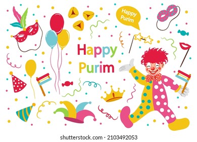 Banner for Jewish holiday Purim with masks and traditional props. Happy Purim wish, congratulations. Vector illustration