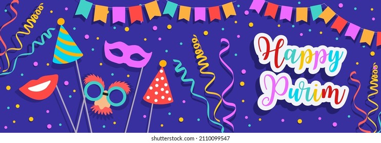 Banner for Jewish holiday Purim with masks and traditional props. Happy Purim wish, congratulations. Vector illustration