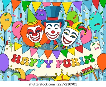 Banner for Jewish holiday Purim with masks and traditional props. Happy Purim wish, congratulations. Vector illustration