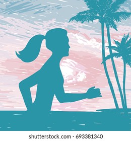 banner for jogging on the beach, tropical sunrise in sketch style, romantic tender palette, vector illustration