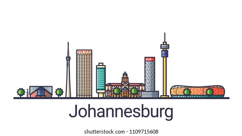 Banner of Johannesburg city in flat line style. Johannesburg city line art. All linear buildings separated and customizable.