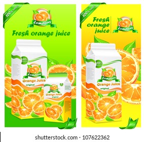 Banner with juice packages, paper packing with oranges and leaves, vector illustration