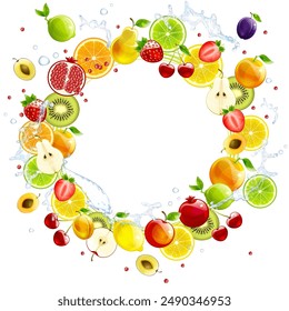 banner of juicy and fresh fruits on a white background