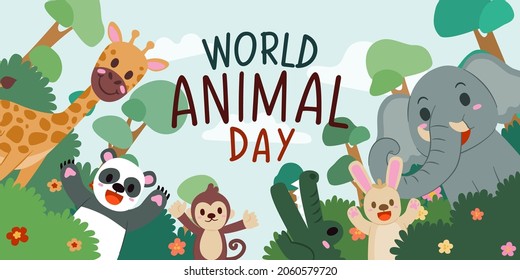 Banner the Jungle Animals in forest on the world in Happy animal day concept, cute cartoon vector illustration