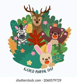 Banner the Jungle Animals in forest on the world in Happy animal day concept, cute cartoon vector illustration
