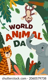 Banner the Jungle Animals in forest on the world in Happy animal day concept, cute cartoon vector illustration