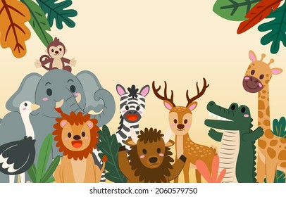 Banner the Jungle Animals in forest on the world in Happy animal day concept, cute cartoon vector illustration