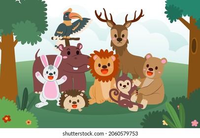 Banner the Jungle Animals in forest on the world in Happy animal day concept, cute cartoon vector illustration