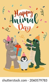 Banner the Jungle Animals in forest on the world in Happy animal day concept, cute cartoon vector illustration