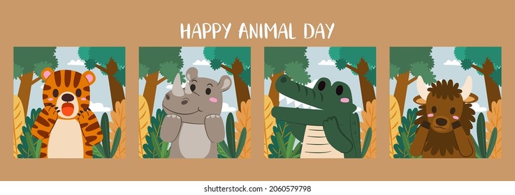 Banner the Jungle Animals in forest on the world in Happy animal day concept, cute cartoon vector illustration