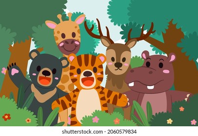 Banner the Jungle Animals in forest on the world in Happy animal day concept, cute cartoon vector illustration