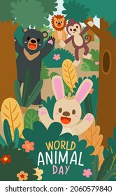 Banner the Jungle Animals in forest on the world in Happy animal day concept, cute cartoon vector illustration