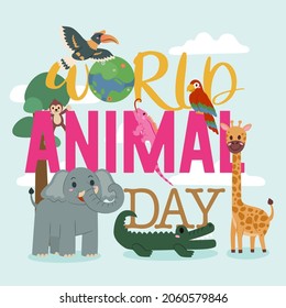 Banner the Jungle Animals in forest on the world in Happy animal day concept, cute cartoon vector illustration
