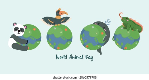 Banner the Jungle Animals on the world in Happy animal day concept, cute cartoon vector illustration