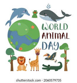 Banner the Jungle Animals on the world in Happy animal day concept, cute cartoon vector illustration