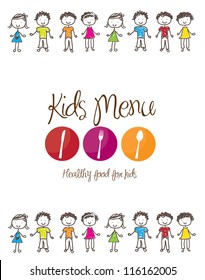 banner of Kids menu with cutlery and children  over white background