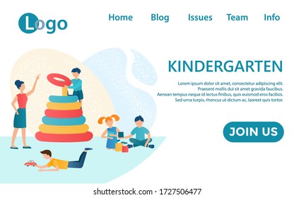 Banner Kindergarten And Baby Sitter Concept Vector Illustration. Group Of Playing Children In Kindergarten.